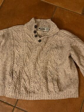Aran Button-Front Cable Knit Turtleneck Sweater - Cream Speckle